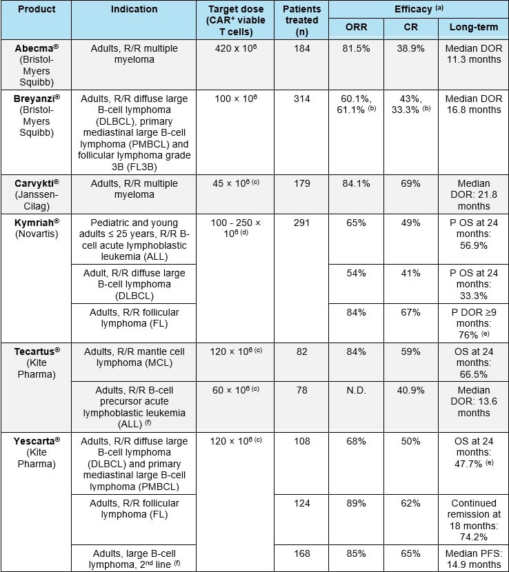 Table of car-t cell products and their indication and efficacy assessments