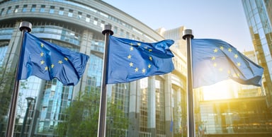 European Union Flags Flying In Front Of Building in Brussels