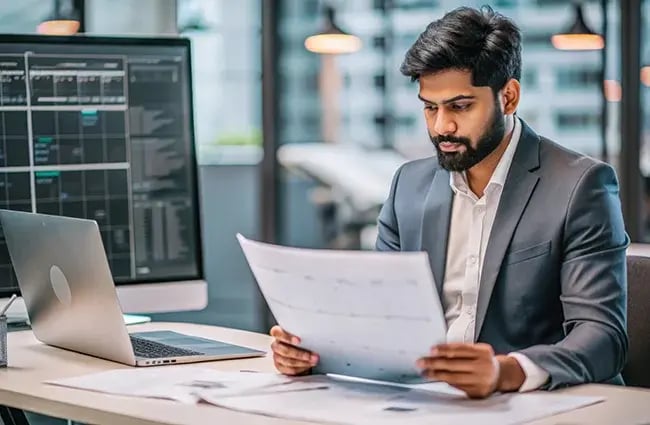 Project manager reviewing project plans and timelines in an office