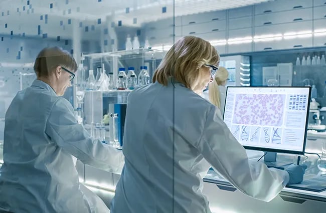 Two lab workers working at computers in a lab