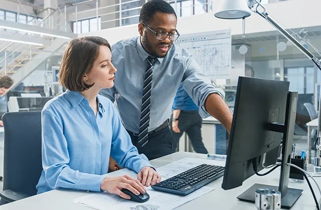Two professionals reviewing details on a computer monitor