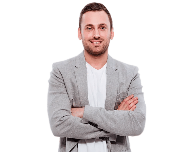 Male GxP auditor standing with arms crossed wearing grey jacket