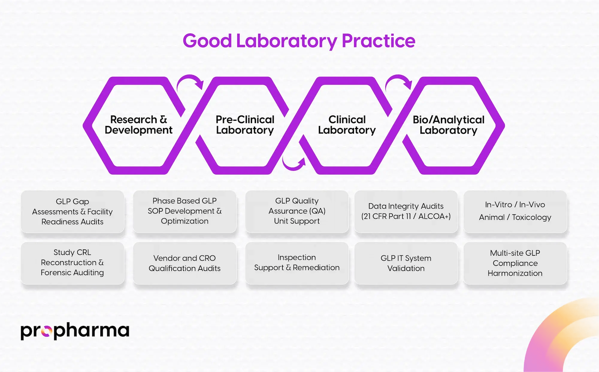 Illustration of ProPharma's Good Laboratory Practice (GLP) services overview